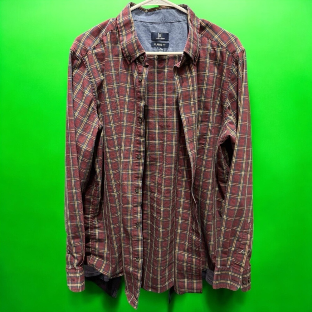 George Men's Red and Green Plaid Dress Shirt XL button up